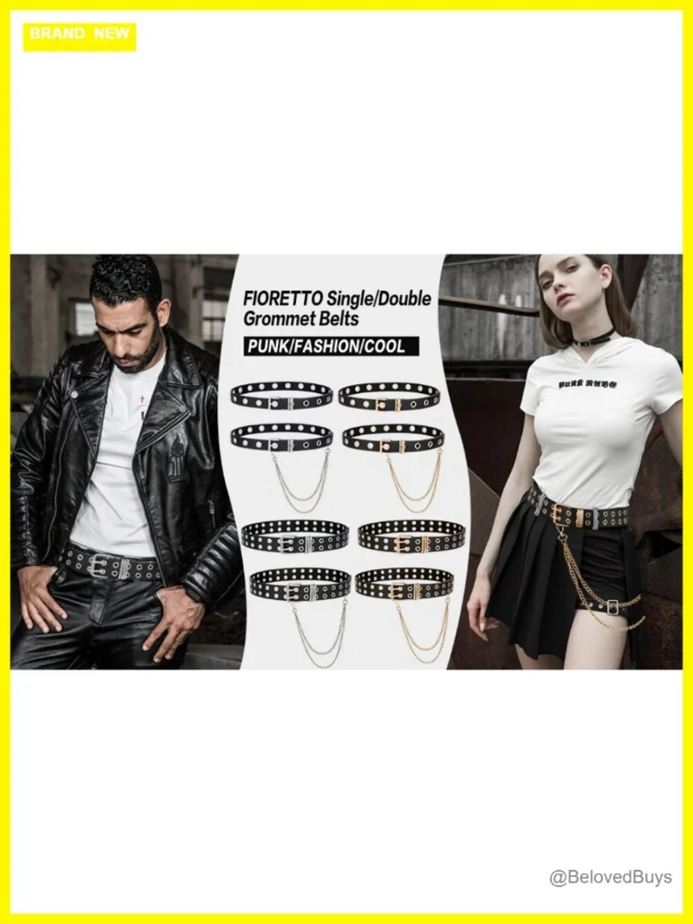 PU Leather Grommet Belt with Detachable Chain Punk Rock Waist Belt for Jeans